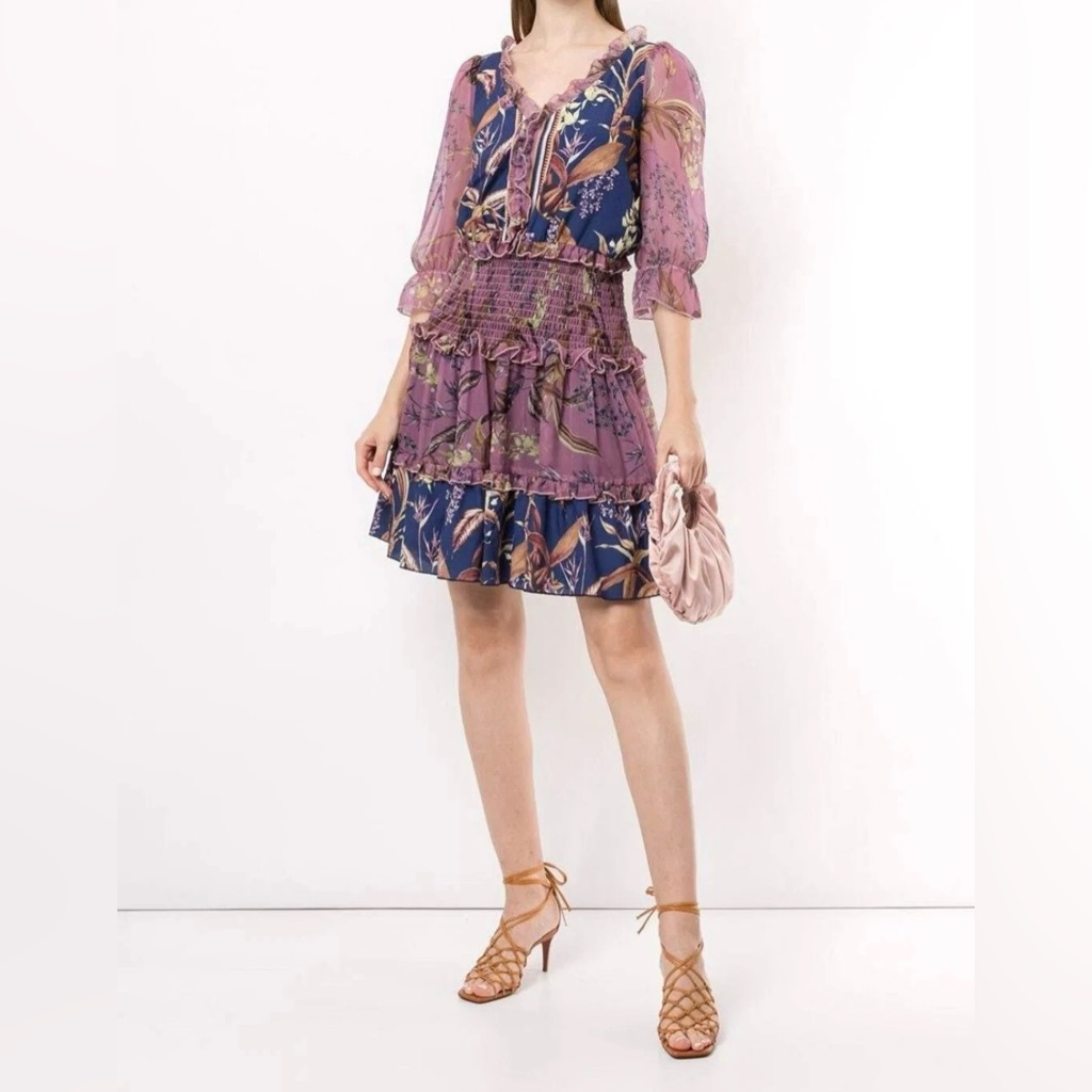 Nwt Marchesa Notte Women’s 10 Smocked Mini Floral Cocktail Dress W 3/4 Sleeves
